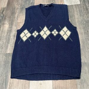 Cape Isle Knitters Sweater V-neck Vest Large Navy Argyle Burlington Vintage